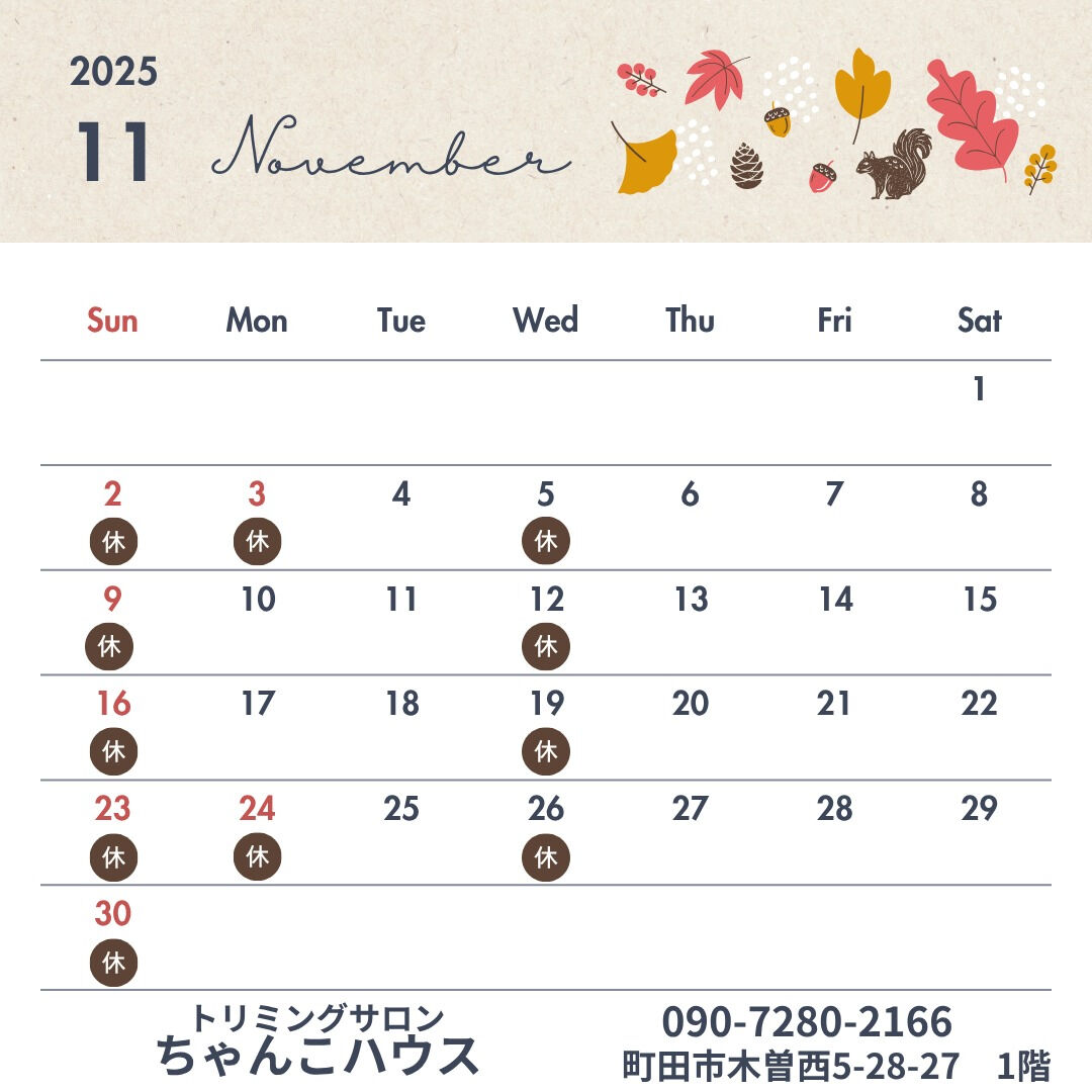 トリミングサロンちゃんこハウスの現在の11月12月の予定にな